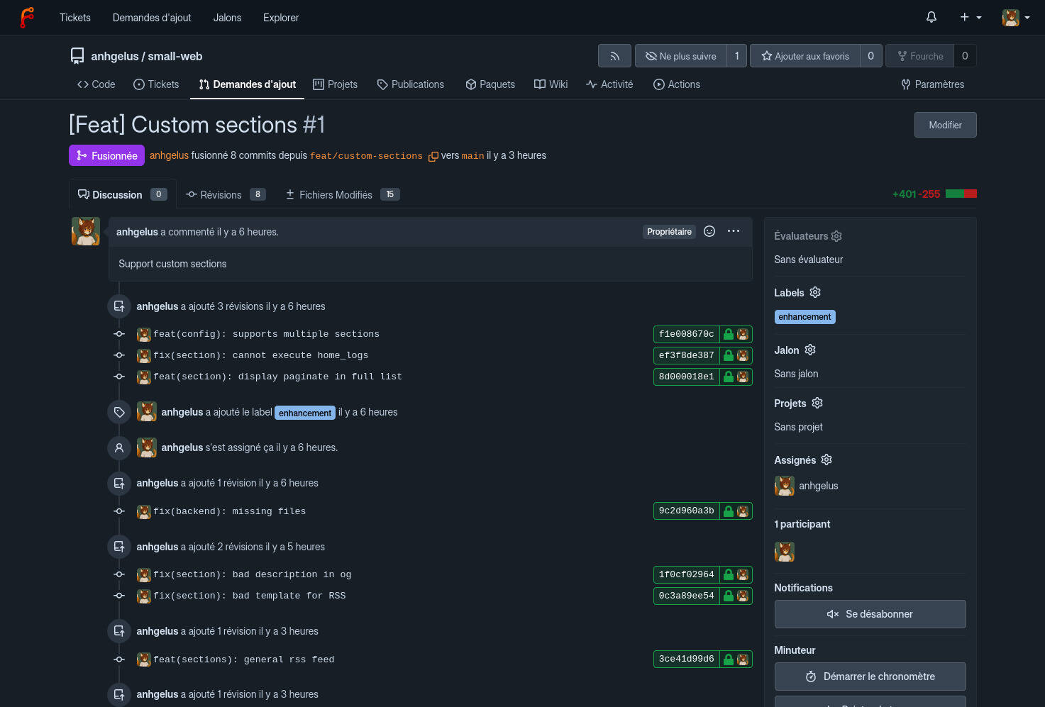 Screenshot de ma forge git montrant la PR à l'origine de la mise à jour.