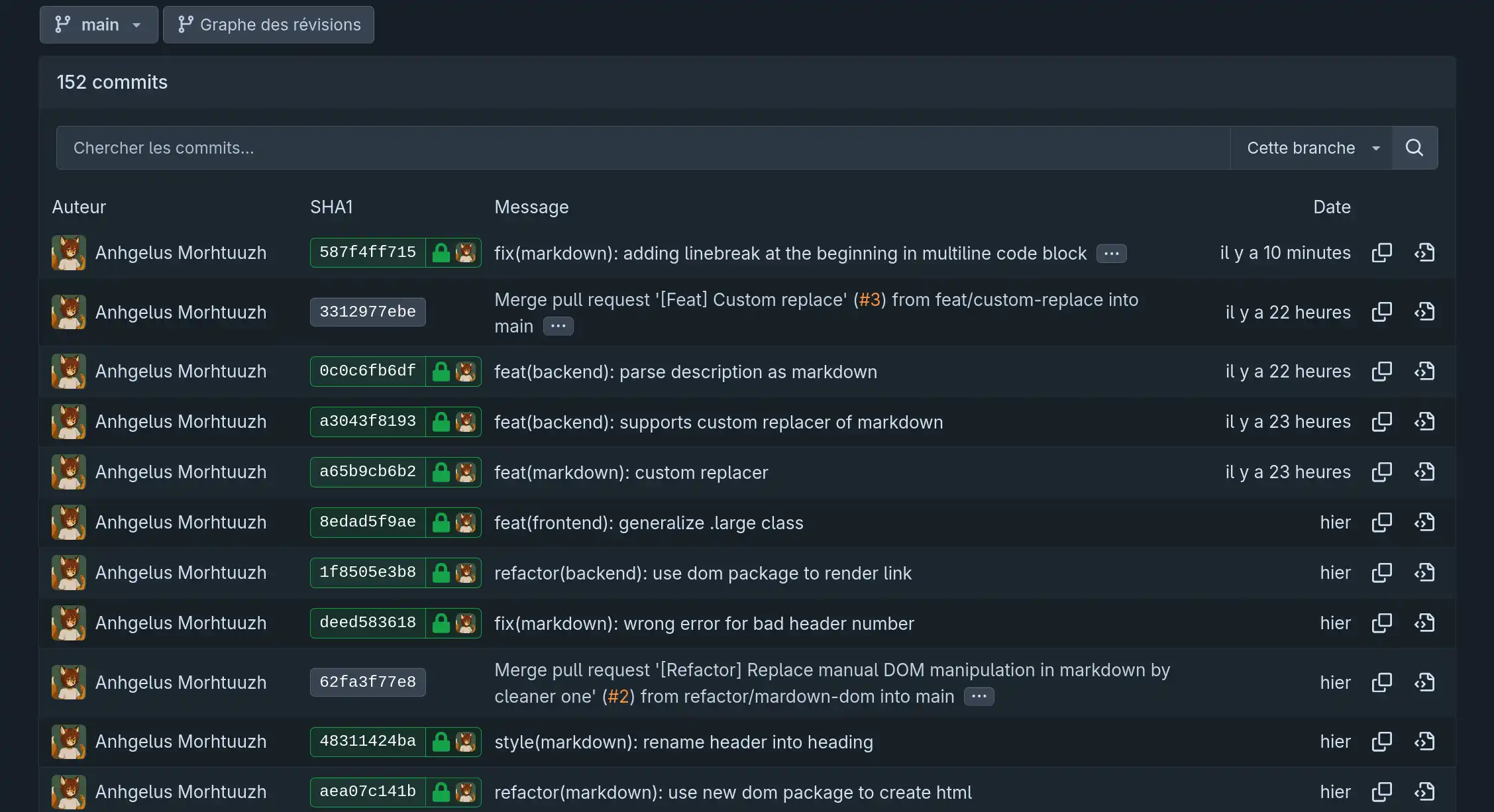 Screenshot de ma forge git affichant les derniers commits.