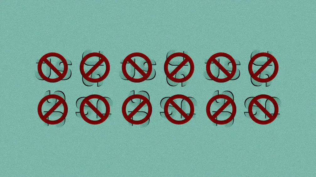 Pleins de logo JavaScript barré sur un fond bleu-vert.