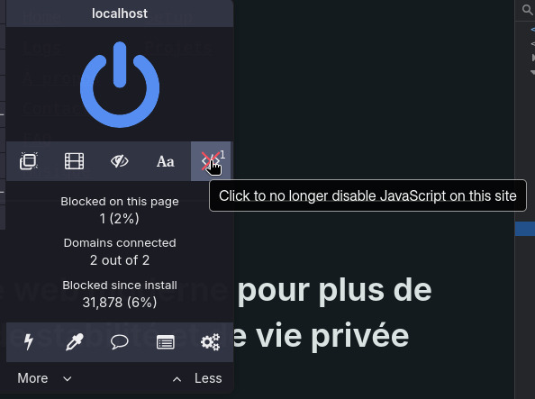 Screenshot montrant comment réactiver le JavaScript sur un site.
