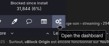 Screenshot montrant comment accéder aux paramètres de uBlock Origin.