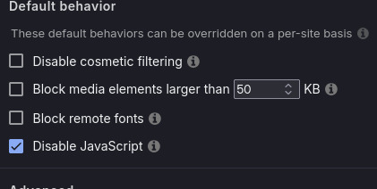 Screenshot montrant la case «~Disable JavaScript~» de désactiver.